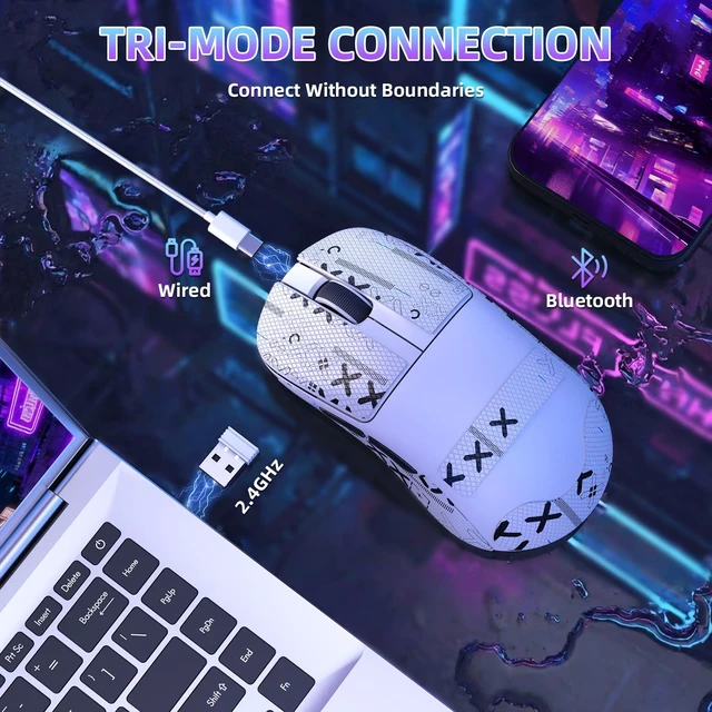 Alt view image 3 of 7 - AJ199 Superlight Wireless Gaming Mouse,BK3633 Tri-Mode BT/2.4G Wireless/Wired Mouse with Grip Tape,24000DPI,1000Hz Polling Rate,600mAh,Med Size,5 Programmable Buttons for Pc/Mac,WhitePRO