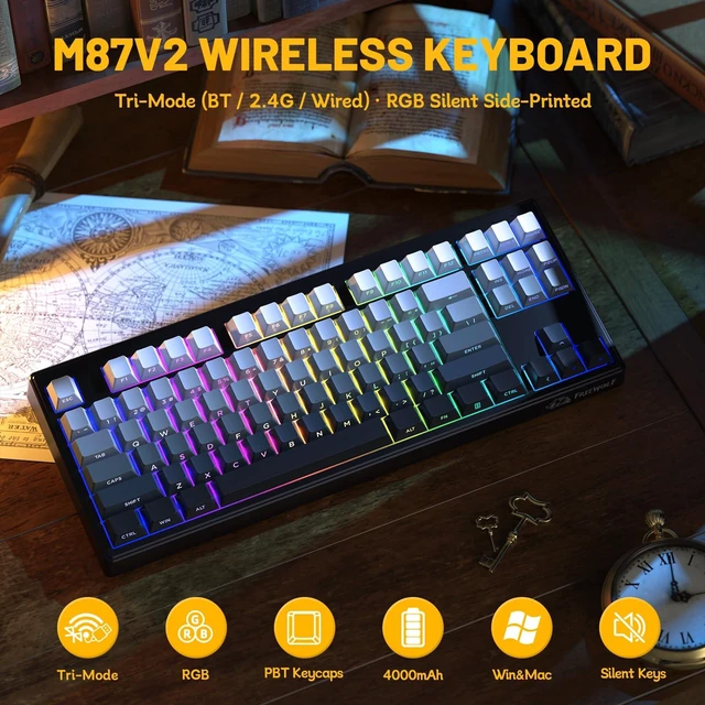 Alt view image 2 of 7 - M87V2 Wireless Gaming Keyboard, 80% TKL 87-Key Low Profile, Moon | Quiet Typing, Mechanical Feel, Tri-Mode, PBT Gradient Keycaps, 16M RGB Backlit, 4000mAh Battery, USB-C for PC, Mac, Linux