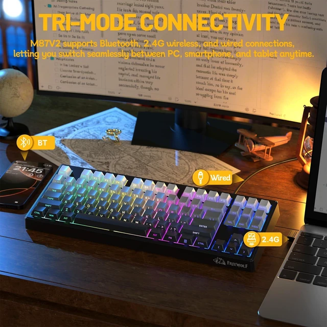 Alt view image 3 of 7 - M87V2 Wireless Gaming Keyboard, 80% TKL 87-Key Low Profile, Moon | Quiet Typing, Mechanical Feel, Tri-Mode, PBT Gradient Keycaps, 16M RGB Backlit, 4000mAh Battery, USB-C for PC, Mac, Linux