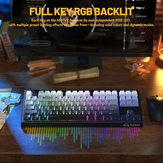 Alt view image 5 of 7 - M87V2 Wireless Gaming Keyboard, 80% TKL 87-Key Low Profile, Moon | Quiet Typing, Mechanical Feel, Tri-Mode, PBT Gradient Keycaps, 16M RGB Backlit, 4000mAh Battery, USB-C for PC, Mac, Linux