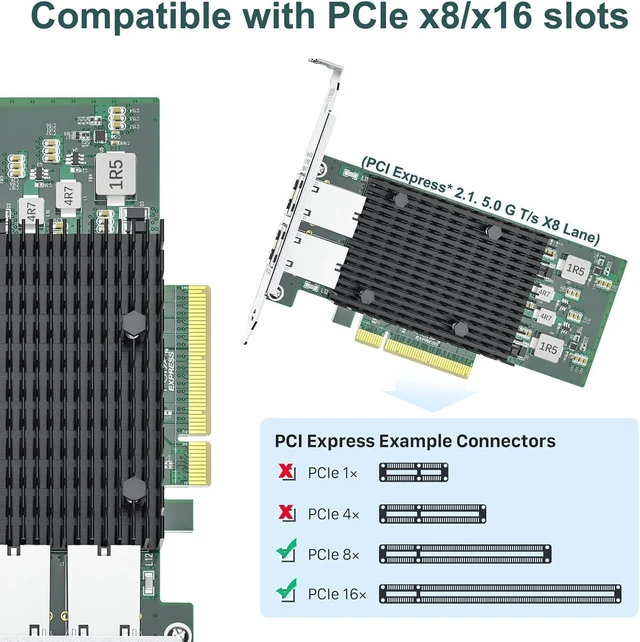 Alt view image 5 of 7 - 10Gb Network Card Compatible for Intel X540-T2 PCIE Ethernet Card with X540-BT2 Chip, Dual RJ45 Port, 10G Converged Network LAN Adapter, Support Windows/Linux/Vmware/ESX/Freebsd Server