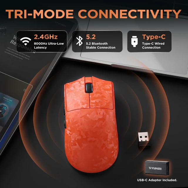 Alt view image 6 of 7 - M2 Dual 8K Wireless Gaming Mouse,PAW3395,6-Level DPI(Orange) | Carbon Fiber Decorative Pattern,Up to 30000 DPI,63g Ultra-Lightweight,Software and Web customization,Wired/BT/2.4GHz,500mAh