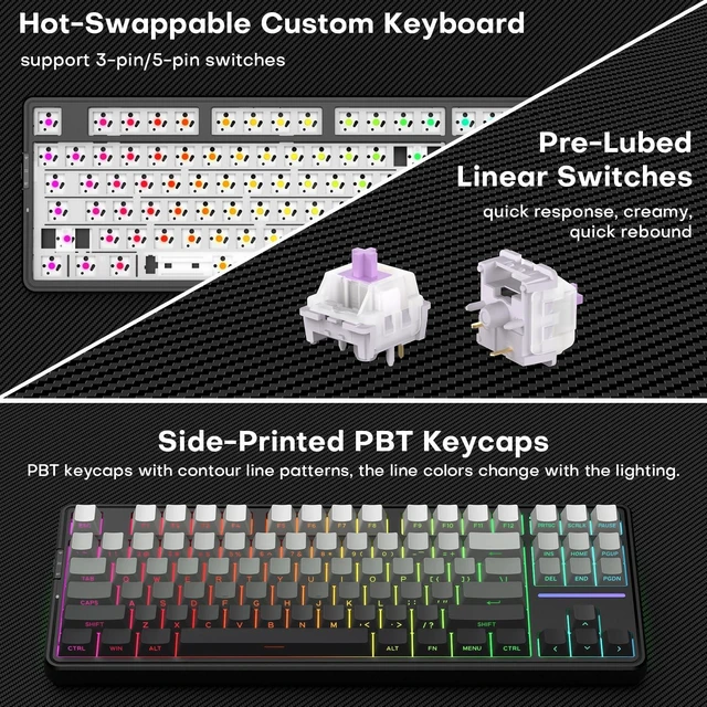 Alt view image 3 of 7 - GEODMAER G87 Wireless Mechanical Keyboard, Tri Mode 2.4GHz/USB-C/BT5.0 Hot Swappable Custom Gaming Keyboard, Pre-lubed Linear Switches, RGB Backlit, Side Printed PBT Keycaps Keyboard for PC Mac Gamer