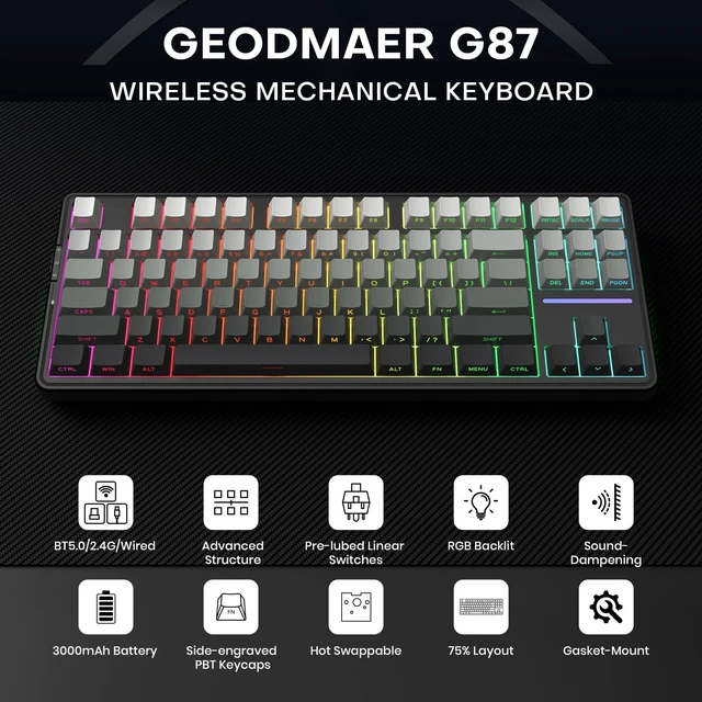 Alt view image 2 of 7 - GEODMAER G87 Wireless Mechanical Keyboard, Tri Mode 2.4GHz/USB-C/BT5.0 Hot Swappable Custom Gaming Keyboard, Pre-lubed Linear Switches, RGB Backlit, Side Printed PBT Keycaps Keyboard for PC Mac Gamer