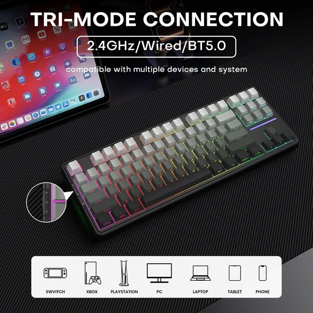 Alt view image 5 of 7 - GEODMAER G87 Wireless Mechanical Keyboard, Tri Mode 2.4GHz/USB-C/BT5.0 Hot Swappable Custom Gaming Keyboard, Pre-lubed Linear Switches, RGB Backlit, Side Printed PBT Keycaps Keyboard for PC Mac Gamer