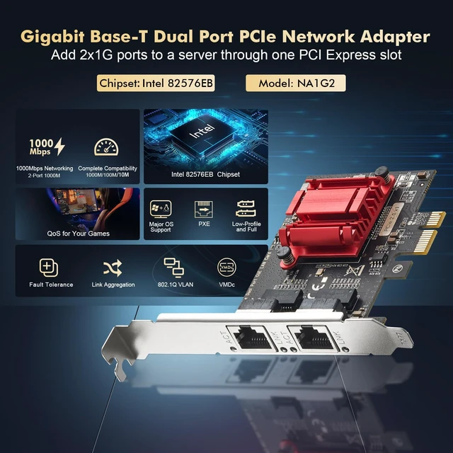 Alt view image 2 of 7 - 2 Port Gigabit PCIe Network Adapter, Intel 82575/82576 Controller 1000/100Mbps Binardat Ethernet LAN Card for Windows/Linux