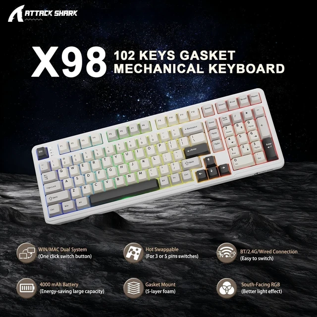Alt view image 2 of 7 - SHARK X98 Wireless Mechanical Keyboard,Tri-Mode BT5.0/2.4GHz/USB-C Hot-Swappable,Gasket Mount with Pre-lubed Linear Switches,PBT Keycaps,RGB Backlit Gaming Keyboard for PC/Tablet/PS5/Xbox