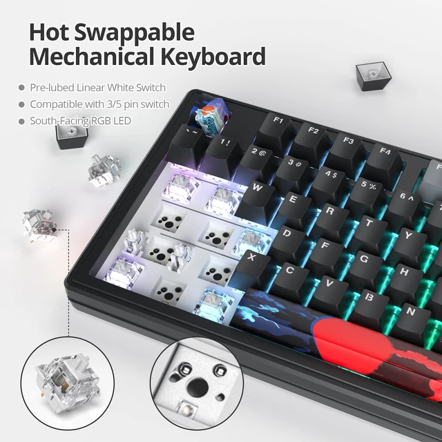 Alt view image 3 of 6 - 75% Gasket Mounted Mechanical Gaming Keyboard Hot Swappable, Wired 87 Keys South-Facing RGB Keyboard with Quiet Linear White Switch Cherry Keycaps for Win mac (Black)