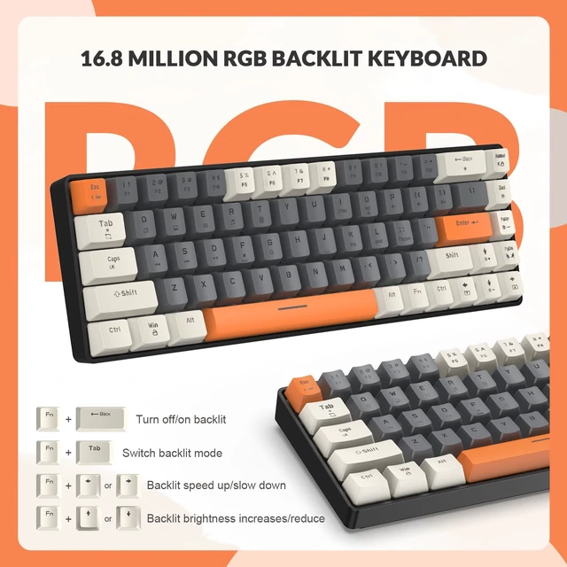 Alt view image 3 of 7 - T8 60% Mechanical Gaming Keyboard,68 Keys TKL Compact Layout Mini Keyboard,18 Chroma RGB Backlit,Slight Clicky Brown Switch,Anti-ghosting,Pro Coiled USB-C Cable,for PC,Mac,PS4,Xbox-Milk Shake