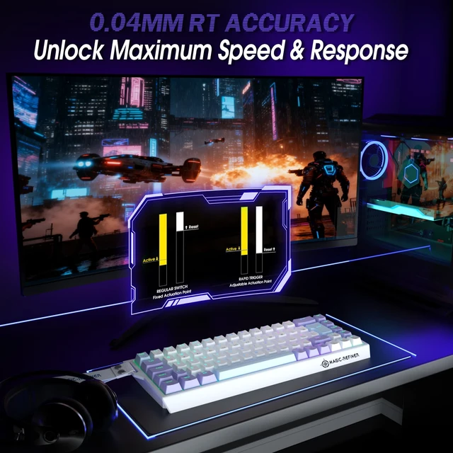 Alt view image 4 of 7 - Magic-Refiner X68 HE 8KHz Rapid Trigger Mechanical Gaming Keyboard,60% Wired,Hall Effect Magnetic Switch,Adjustable Actuation,RGB Backlit,Snap Tap, RGB Backlit for PC/Mac, Purple&White