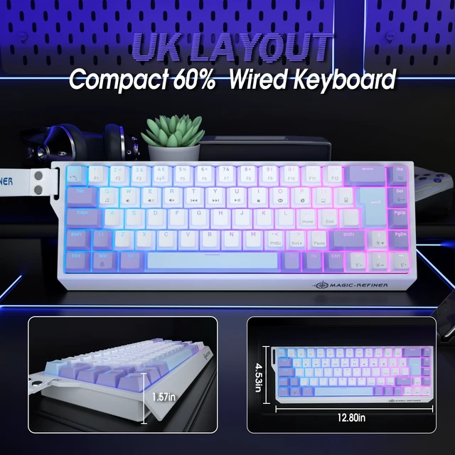 Alt view image 6 of 7 - Magic-Refiner X68 HE 8KHz Rapid Trigger Mechanical Gaming Keyboard,60% Wired,Hall Effect Magnetic Switch,Adjustable Actuation,RGB Backlit,Snap Tap, RGB Backlit for PC/Mac, Purple&White