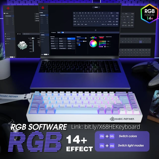 Alt view image 7 of 7 - Magic-Refiner X68 HE 8KHz Rapid Trigger Mechanical Gaming Keyboard,60% Wired,Hall Effect Magnetic Switch,Adjustable Actuation,RGB Backlit,Snap Tap, RGB Backlit for PC/Mac, Purple&White