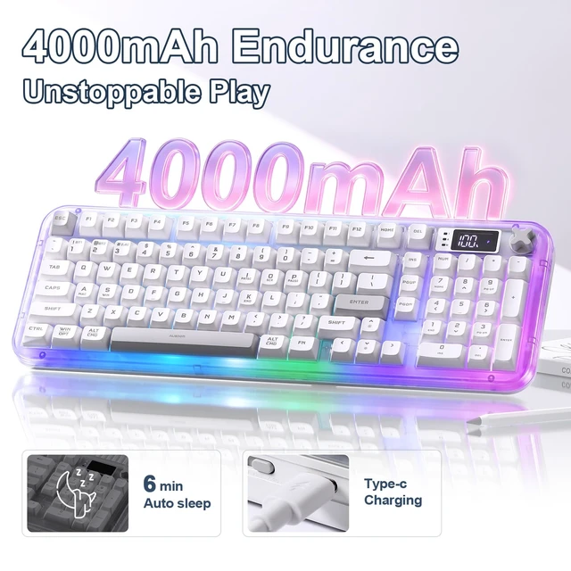 Alt view image 4 of 7 - K98Pro Gaming Keyboard, Wireless Creamy Computer Keyboards(White) | Tri-Mode Bluetooth/2.4GHz/USB-C Membrane Keyboard TFT Screen,Volume Knob & Number Pad,RGB Backlit Keyboard for PC Game/Office