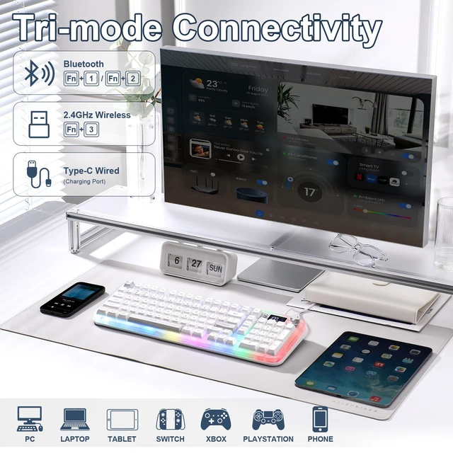 Alt view image 3 of 7 - K98Pro Gaming Keyboard, Wireless Creamy Computer Keyboards(White) | Tri-Mode Bluetooth/2.4GHz/USB-C Membrane Keyboard TFT Screen,Volume Knob & Number Pad,RGB Backlit Keyboard for PC Game/Office