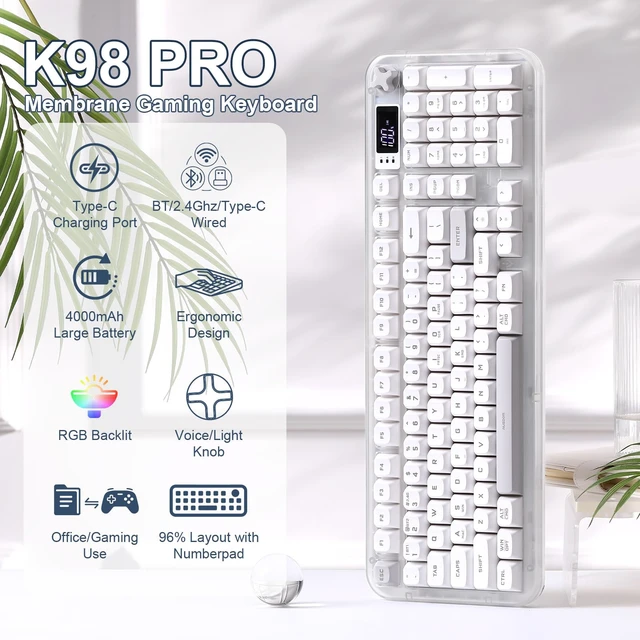 Alt view image 2 of 7 - K98Pro Gaming Keyboard, Wireless Creamy Computer Keyboards(White) | Tri-Mode Bluetooth/2.4GHz/USB-C Membrane Keyboard TFT Screen,Volume Knob & Number Pad,RGB Backlit Keyboard for PC Game/Office