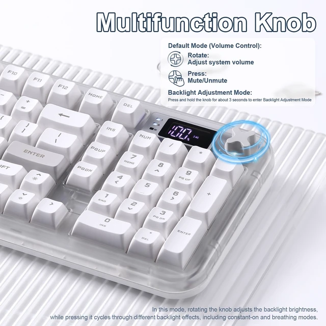 Alt view image 6 of 7 - K98Pro Gaming Keyboard, Wireless Creamy Computer Keyboards(White) | Tri-Mode Bluetooth/2.4GHz/USB-C Membrane Keyboard TFT Screen,Volume Knob & Number Pad,RGB Backlit Keyboard for PC Game/Office
