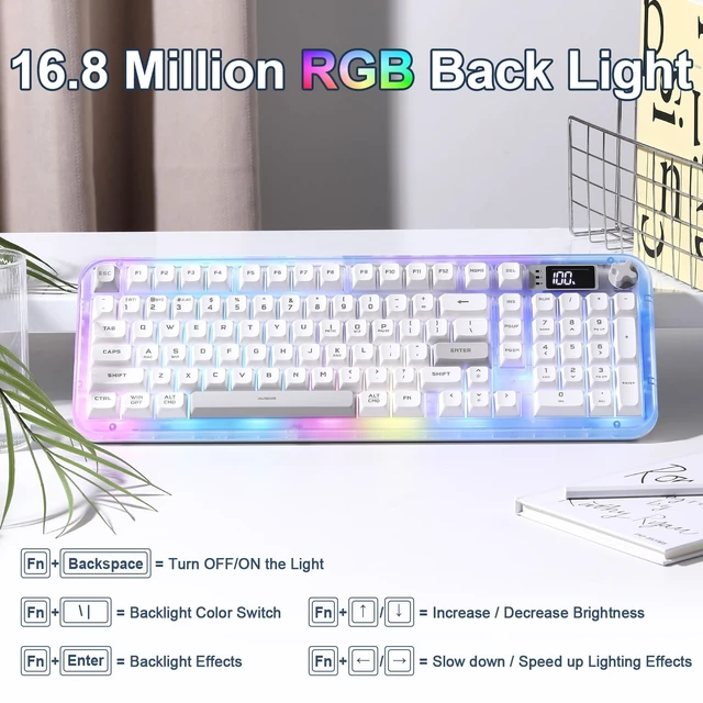 Alt view image 7 of 7 - K98Pro Gaming Keyboard, Wireless Creamy Computer Keyboards(White) | Tri-Mode Bluetooth/2.4GHz/USB-C Membrane Keyboard TFT Screen,Volume Knob & Number Pad,RGB Backlit Keyboard for PC Game/Office