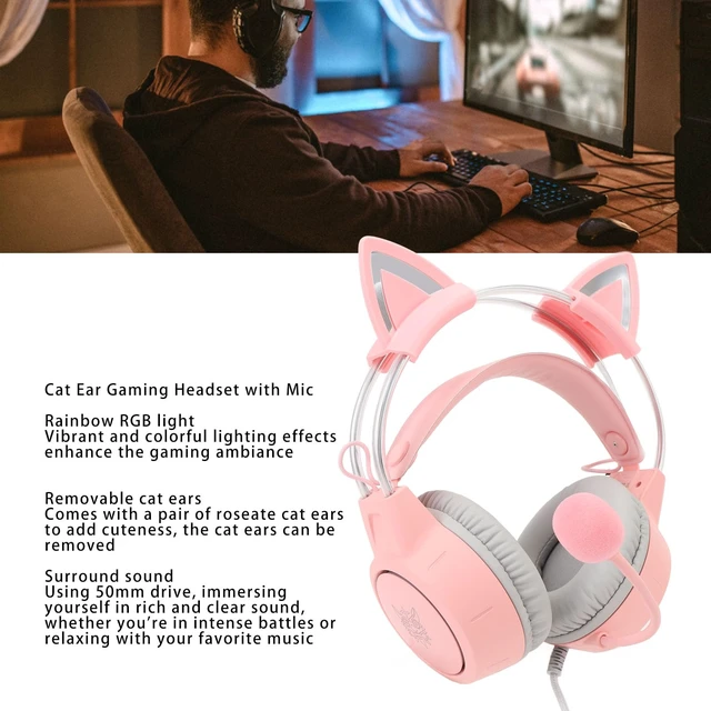 Alt view image 2 of 7 - Cat Ear Headphones with Mic, Rainbow RGB Light Gaming Headset, Detachable Cat Ears, 3.5mm Wired Over Ear Headphones