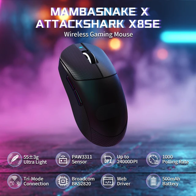 Alt view image 2 of 7 - X8 SE Tri-Mode Wireless Gaming Mouse Ergonomic 59g Lightweight | PAW3311 Sensor Adjustable 25000 DPI 2.4G/BT/USB-C Wired 500mAH 5 Programmable Buttons for PC/Mac-Black With Antislip Griptape