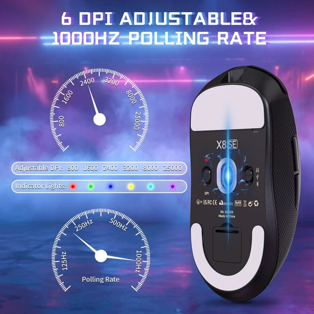 Alt view image 5 of 7 - X8 SE Tri-Mode Wireless Gaming Mouse Ergonomic 59g Lightweight | PAW3311 Sensor Adjustable 25000 DPI 2.4G/BT/USB-C Wired 500mAH 5 Programmable Buttons for PC/Mac-Black With Antislip Griptape