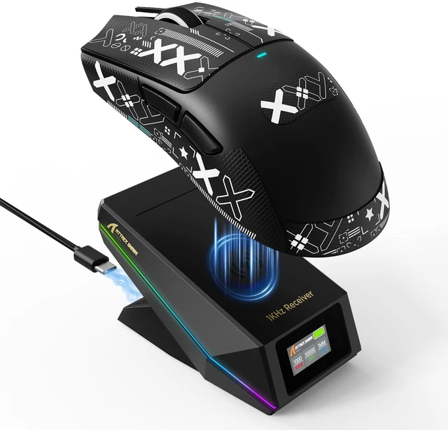 Main image of V2 Wireless Gaming Mouse with Charging Dock-Black/Tape | Programmable RGB Magnetic TFT Display Dock,PAW3315,Tri-Mode 66g Lightweight,30K DPI,1KHz Polling,100M-Click for PC/Mac