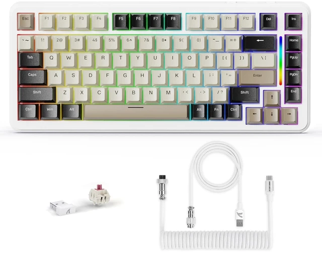 Main image of 75% Hot Swappable Custom RGB Tri-Mode Wirless Mechanical Keyboard-White | Gasket ANSI Layout Backlit Pre-Lubed Linear Switch BT/2.4GHz/USB-C Wired Programmable PC Keyboards Win/Mac with Coiled Cable