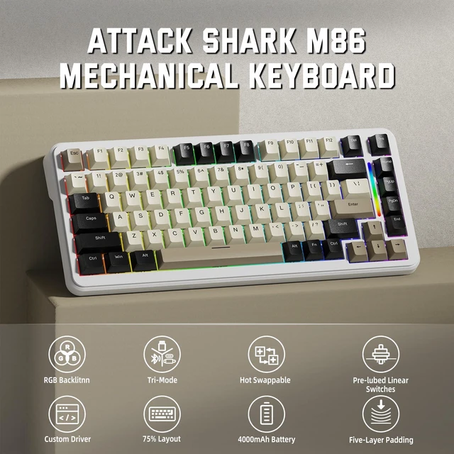 Alt view image 2 of 7 - 75% Hot Swappable Custom RGB Tri-Mode Wirless Mechanical Keyboard-White | Gasket ANSI Layout Backlit Pre-Lubed Linear Switch BT/2.4GHz/USB-C Wired Programmable PC Keyboards Win/Mac with Coiled Cable