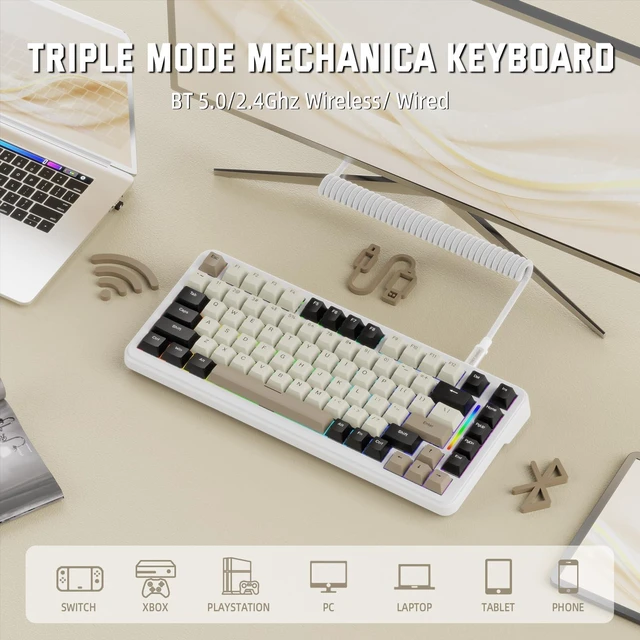 Alt view image 3 of 7 - 75% Hot Swappable Custom RGB Tri-Mode Wirless Mechanical Keyboard-White | Gasket ANSI Layout Backlit Pre-Lubed Linear Switch BT/2.4GHz/USB-C Wired Programmable PC Keyboards Win/Mac with Coiled Cable