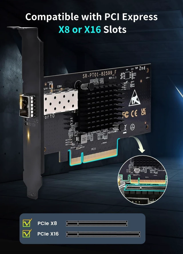 Alt view image 3 of 6 - 10Gb SFP PCI-e Network Card, 82599(X520-DA1) Controller, 10Gbps Ethernet Adapter, 10Gbe SFP+ Port, 10G NIC Card, Support Windows/Windows Server/VMware