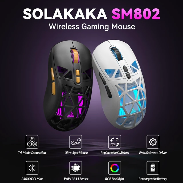 Alt view image 2 of 7 - SM802 Wireless Gaming Mouse,24,000 DPI Max,Tri-Mode 2.4GHz/BT/Wired USB Rechargeable Gamer Mouse with RGB,Programmable Macro Buttons,68g Lightweight Computer Mouse for Laptop/PC/Mac