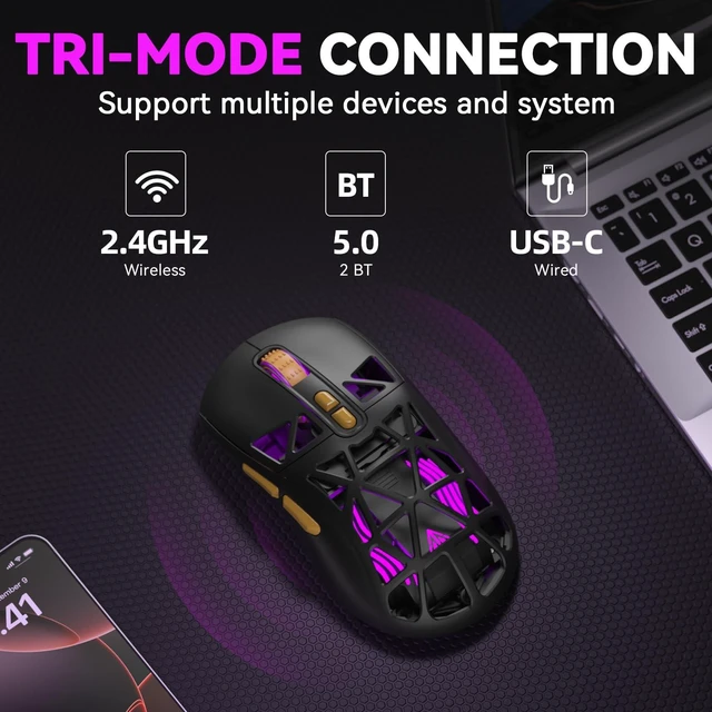 Alt view image 3 of 7 - SM802 Wireless Gaming Mouse,24,000 DPI Max,Tri-Mode 2.4GHz/BT/Wired USB Rechargeable Gamer Mouse with RGB,Programmable Macro Buttons,68g Lightweight Computer Mouse for Laptop/PC/Mac