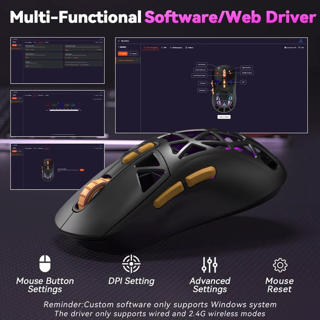 Alt view image 5 of 7 - SM802 Wireless Gaming Mouse,24,000 DPI Max,Tri-Mode 2.4GHz/BT/Wired USB Rechargeable Gamer Mouse with RGB,Programmable Macro Buttons,68g Lightweight Computer Mouse for Laptop/PC/Mac