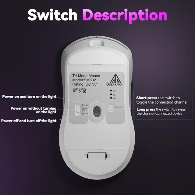 Alt view image 7 of 7 - SM802 Wireless Gaming Mouse,24,000 DPI Max,Tri-Mode 2.4GHz/BT/Wired USB Rechargeable Gamer Mouse with RGB,Programmable Macro Buttons,68g Lightweight Computer Mouse for Laptop/PC/Mac