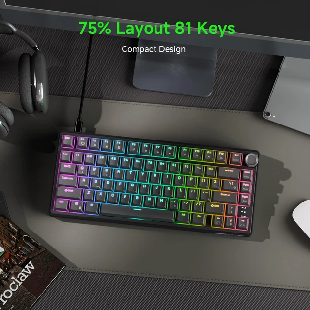 Alt view image 2 of 7 - R75 Wired Mechanical Gaming Keyboard, 75% Hot-Swap Mechanical Keyboard Volume Knob, Soft Pre-lubed Tactile Brown Switch