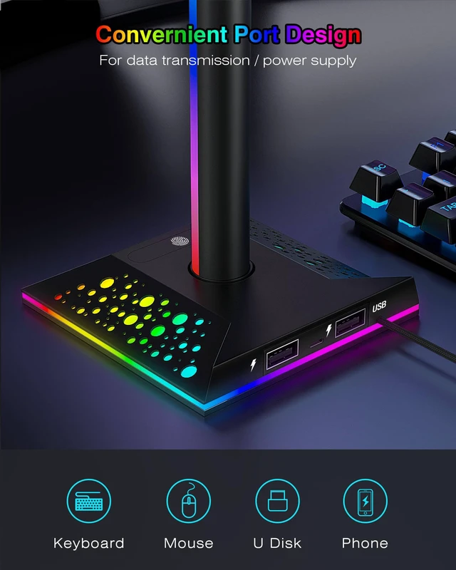 Alt view image 6 of 7 - Headphone Stand Gaming Headset Holder RGB PC Gaming Accessories for Desk, Cool LED Headset Stand with 2 USB Charger for Gamer, Black