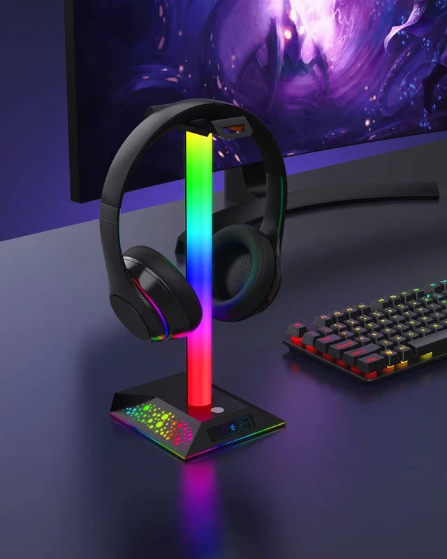 Alt view image 7 of 7 - Headphone Stand Gaming Headset Holder RGB PC Gaming Accessories for Desk, Cool LED Headset Stand with 2 USB Charger for Gamer, Black