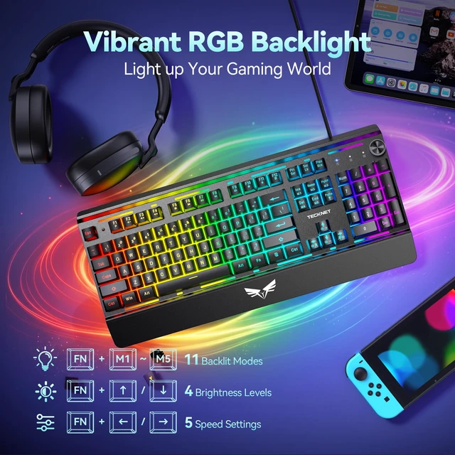 Alt view image 2 of 7 - Wired Gaming Keyboard, MetalPanel RGB Keyboard with Volume Knob | 15-Zone RGB Illumination, Double-shot Keycaps, Whisper Quiet, IP32 Water Resistance, 25 Anti-ghosting Keys, Ergonomic Design