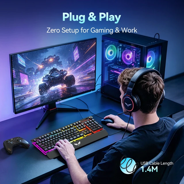 Alt view image 4 of 7 - Wired Gaming Keyboard, MetalPanel RGB Keyboard with Volume Knob | 15-Zone RGB Illumination, Double-shot Keycaps, Whisper Quiet, IP32 Water Resistance, 25 Anti-ghosting Keys, Ergonomic Design