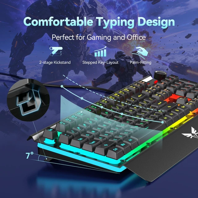 Alt view image 5 of 7 - Wired Gaming Keyboard, MetalPanel RGB Keyboard with Volume Knob | 15-Zone RGB Illumination, Double-shot Keycaps, Whisper Quiet, IP32 Water Resistance, 25 Anti-ghosting Keys, Ergonomic Design