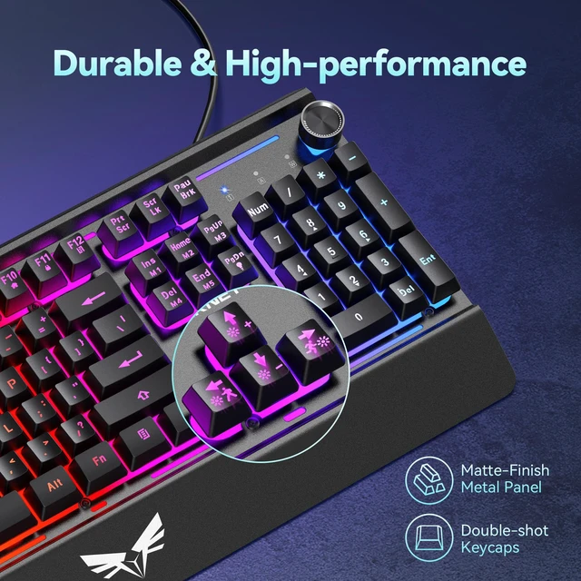 Alt view image 6 of 7 - Wired Gaming Keyboard, MetalPanel RGB Keyboard with Volume Knob | 15-Zone RGB Illumination, Double-shot Keycaps, Whisper Quiet, IP32 Water Resistance, 25 Anti-ghosting Keys, Ergonomic Design