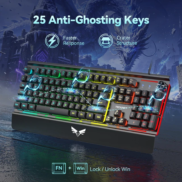 Alt view image 7 of 7 - Wired Gaming Keyboard, MetalPanel RGB Keyboard with Volume Knob | 15-Zone RGB Illumination, Double-shot Keycaps, Whisper Quiet, IP32 Water Resistance, 25 Anti-ghosting Keys, Ergonomic Design