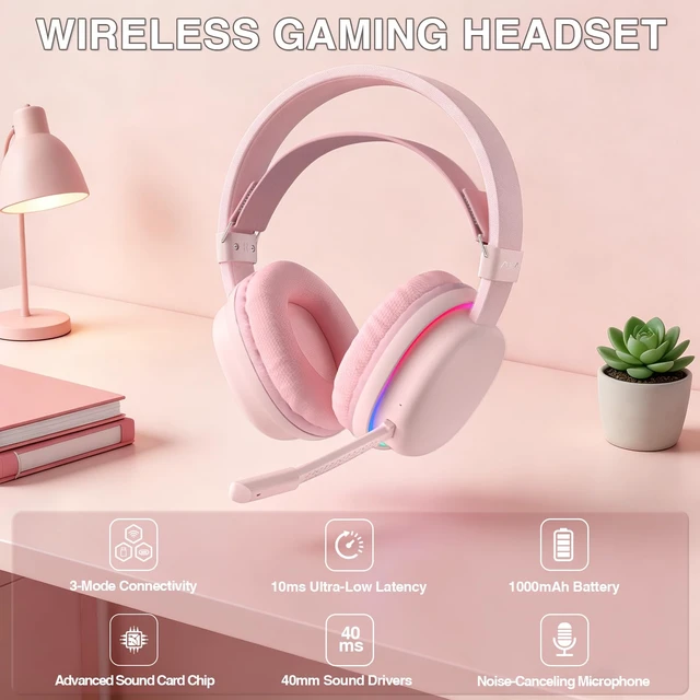 Alt view image 2 of 7 - G7 Wireless Gaming Headset with Detachable Noise Canceling Mic, 40mm Driver, BT5.3 Gaming Headphones with RGB Light, 10ms Latency,60Hr Battery,PC Gaming Headset for PS5,PS4,PC,Wired Mode for Xbox