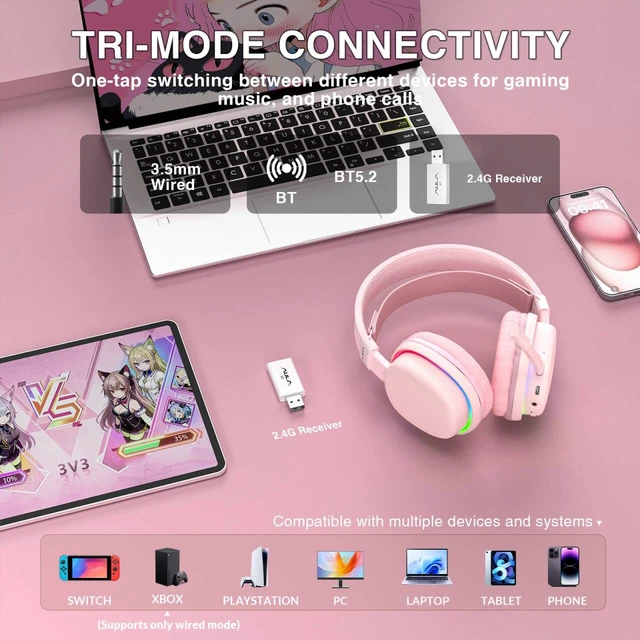 Alt view image 3 of 7 - G7 Wireless Gaming Headset with Detachable Noise Canceling Mic, 40mm Driver, BT5.3 Gaming Headphones with RGB Light, 10ms Latency,60Hr Battery,PC Gaming Headset for PS5,PS4,PC,Wired Mode for Xbox