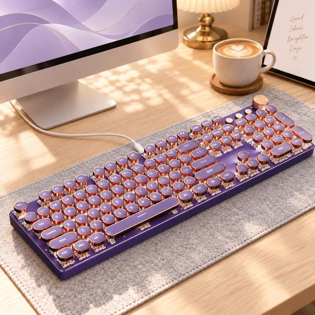 Main image of Wired Typewriter Mechanical Keyboard, Retro Punk Keyboard with Media Knob | White Backlit, Metal Panel, 104-Key Round Keycaps Soft Clicky Typewriter for Windows, PC, Laptop, Green, EWEADN V20