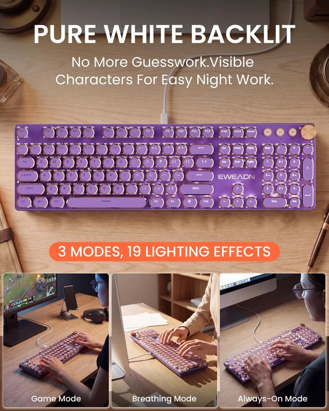 Alt view image 3 of 7 - Wired Typewriter Mechanical Keyboard, Retro Punk Keyboard with Media Knob | White Backlit, Metal Panel, 104-Key Round Keycaps Soft Clicky Typewriter for Windows, PC, Laptop, Green, EWEADN V20