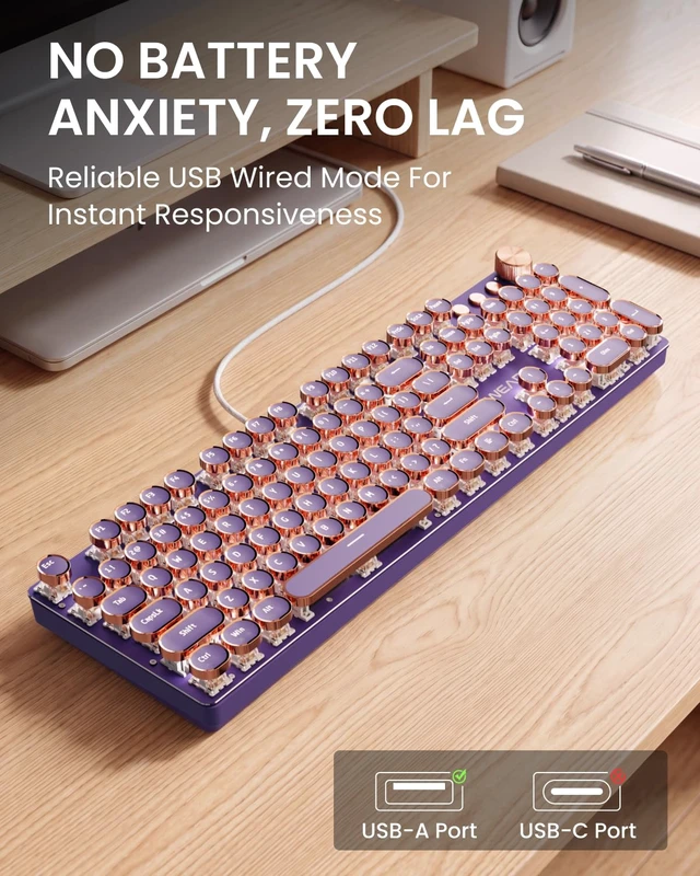 Alt view image 5 of 7 - Wired Typewriter Mechanical Keyboard, Retro Punk Keyboard with Media Knob | White Backlit, Metal Panel, 104-Key Round Keycaps Soft Clicky Typewriter for Windows, PC, Laptop, Green, EWEADN V20