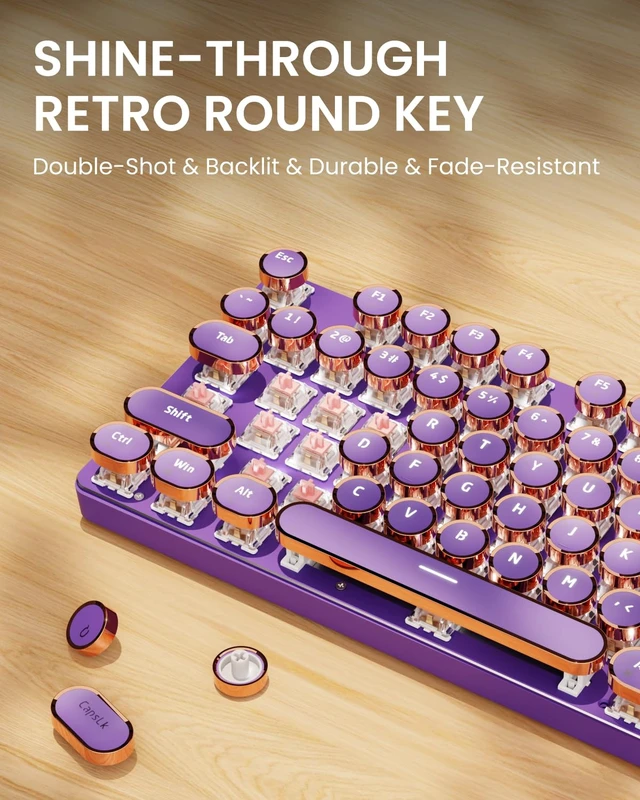Alt view image 7 of 7 - Wired Typewriter Mechanical Keyboard, Retro Punk Keyboard with Media Knob | White Backlit, Metal Panel, 104-Key Round Keycaps Soft Clicky Typewriter for Windows, PC, Laptop, Green, EWEADN V20