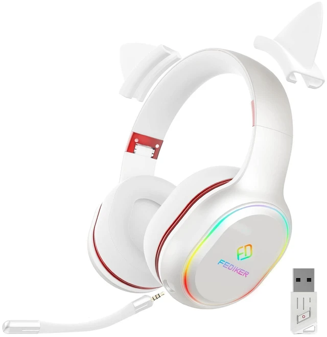 Main image of Wireless Gaming Headset for PS5 PS4 PC W3 USB Dongle Low Latency Bluetooth, Headphones with Detachable Mic, Mute Function, RGB, Immersive 4D, Cute White Cat Ear Headset for Girls