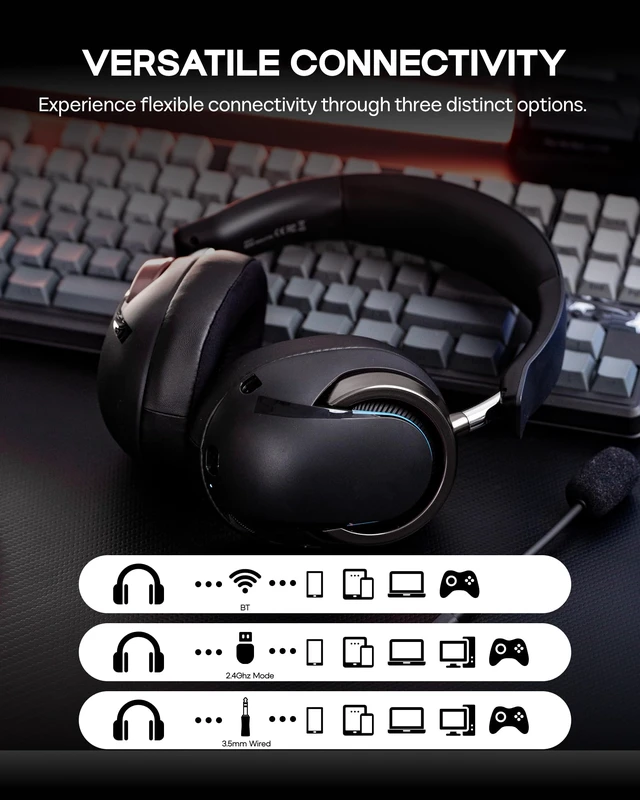 Alt view image 4 of 7 - AULA A700 Wireless Gaming Headset with 7.1 Surround Sound, 50mm Driver, 2.4GHz/BT/Wired, Gaming Headphone with Noise Canceling Mic, RGB Light, 40H Battery, for PS4/PS5/PC/Switch (Black Grey)