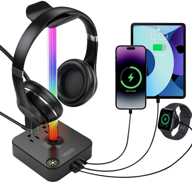 Main image of Headphone Stand with Charger, USB C, Gifts for Gamers Men, Black Pro | Gaming Headset Stand Holder for Desk, 3 USB(1 USB C) and 2 AC Outlets Charging Ports, Headphone Hanger, Gamer Gifts for Men